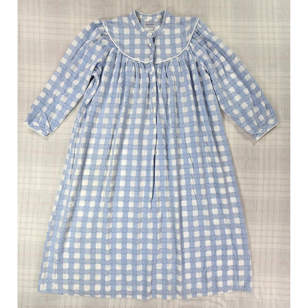 Lanz Of Salzburg Womens Flannel Nightgown Gingham Snowflake Blue White L